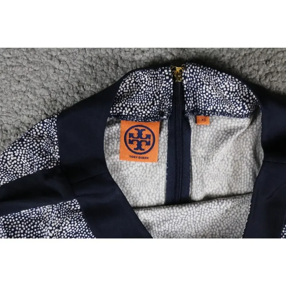 Tory Burch Dress Xs Blue White Silk Micro Dot Speckled Black Pipping Zip Sheath